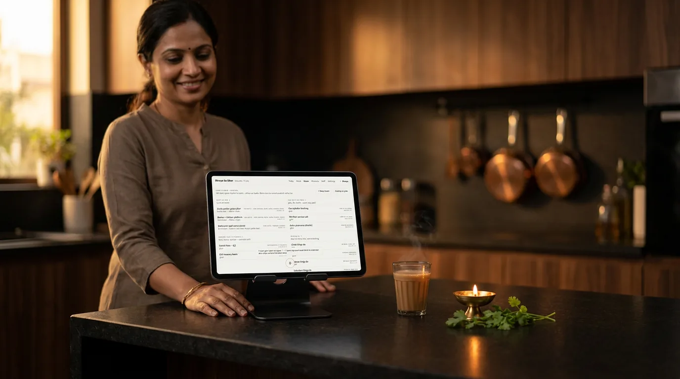 Maa apne kitchen counter par Mama Mate tablet ke saath — screen par asli Ghar ke Kaam