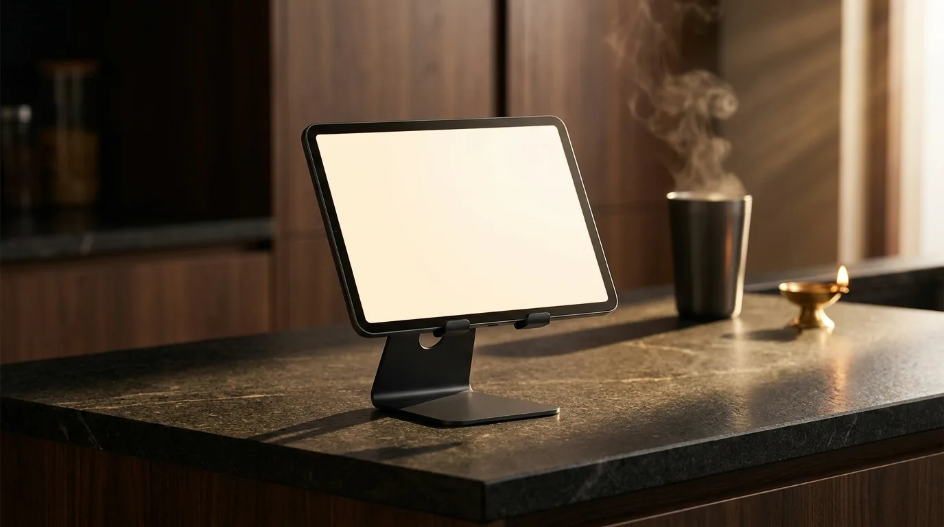 Mama Mate tablet apne kitchen stand par, chai aur diya ke saath