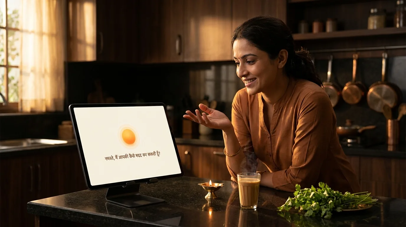 Sakhi se Hinglish mein baat — saffron orb screen par